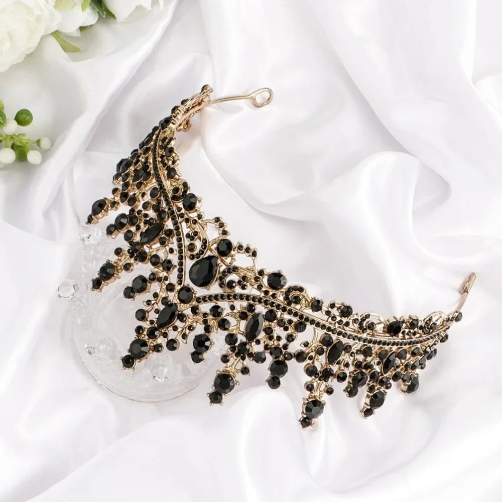 Black Crystal Crown, Gold Headband, Gothic Princess Tiara, Queen Hair Tiara